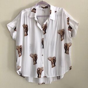 Jane & Delancey Rayon Elephant Print Button Down Shirt Blouse Top